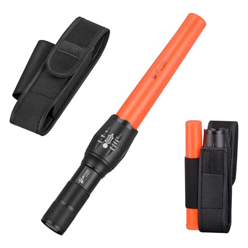 UltraFire Verkehr Stab LED Taschenlampe mit Holster, 1000 Lumen Signalstab Taschenlampe für Verkehrskontrolle, Parken, Flughafen, 5 Modi mit rotem Blinkmodus, Orangefarbener Kegel Signalstock von UltraFire
