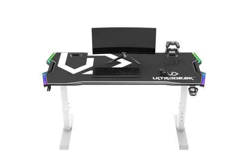 ULTRADESK Force | Computertisch Gaming-Schreibtisch mit Höhenverstellung & XXL-Pad, 2 Kabeldurchlässe | Ablage für Powerstrips, LED-RGB-Prismenbeleuchtung | Stahlrahmen, Weißes Pad, 166x70 cm von ULTRADESK