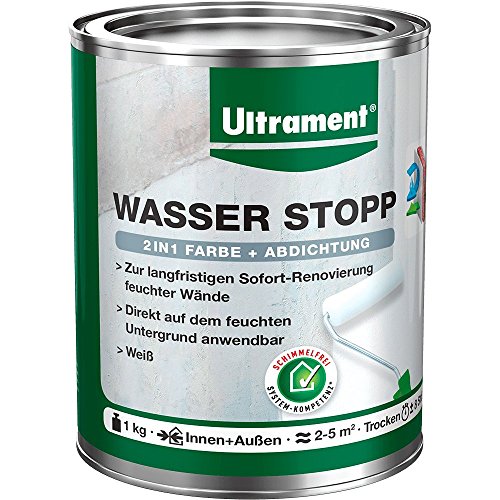 Ultrament Wasser Stopp - 2 in 1 Farbe und Abdichtung 1 Kg - Weiß, Zur langfristigen Sofort-Renovierung feuchter Wände, Gebrauchsfertig von Ultrament