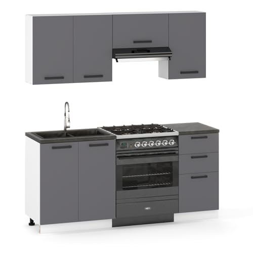 Küchenmöbelset 180 cm, Küchenbau mit Ober- und Unterschränken, Modularküche zum Selbstmontagen ohne Haushaltsgeräte, Stil Modern in Graphit von Ulwe Home