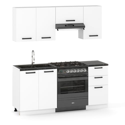 Küchenmöbelset 180 cm, Küchenbau mit Ober- und Unterschränken, Modularküche zum Selbstmontagen ohne Haushaltsgeräte, Stil Modern in Weiß Matt von Ulwe Home