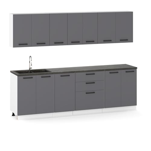 Küchenmöbelset 260 cm, Küchenbau mit Ober- und Unterschränken, Modularküche zum Selbstmontagen ohne Haushaltsgeräte, Stil Modern in Graphit von Ulwe Home