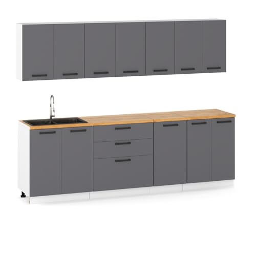 Küchenmöbelset 260 cm, Küchenbau mit Ober- und Unterschränken, Modularküche zum Selbstmontagen ohne Haushaltsgeräte, Stil Modern in Graphit von Ulwe Home