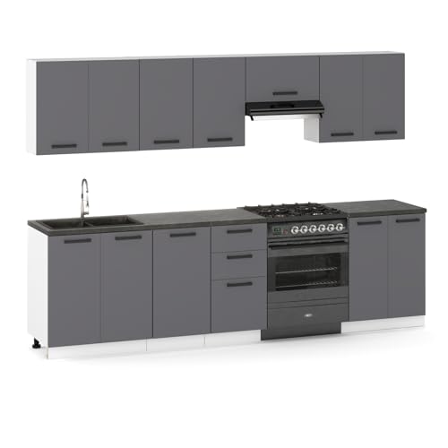 Küchenmöbelset 280 cm, Küchenbau mit Ober- und Unterschränken, Modularküche zum Selbstmontagen ohne Haushaltsgeräte, Stil Modern in Graphit von Ulwe Home