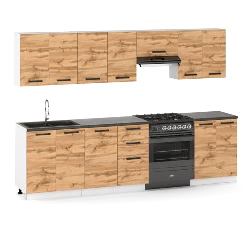 Küchenmöbelset 320 cm, Küchenbau mit Ober- und Unterschränken, Modularküche zum Selbstmontagen ohne Haushaltsgeräte, Stil Modern in Eiche Wotan von Ulwe Home