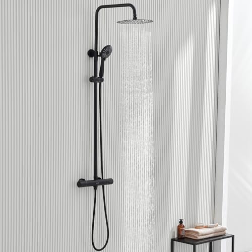 Ulytid Duschsystem mit Thermostat Schwarz, Duscharmatur Komplettset Duschgarnitur mit Armatur, Dusche Regendusche Set inkl. Handbrause, 25cm Rund Überkopfbrause, Duschstange Brausebatterie von Ulytid