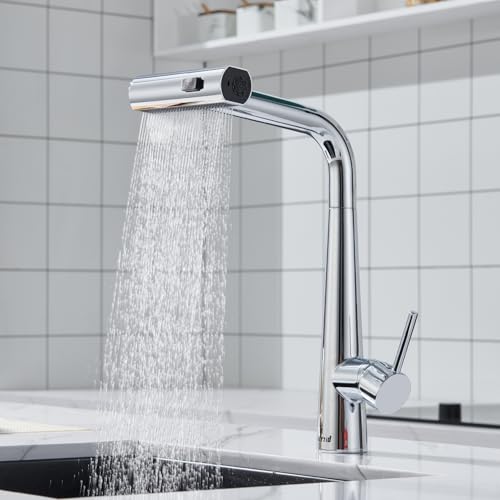 Ulytid Wasserhahn Küche Ausziehbar, Küchenarmatur mit Brause Ausziehbar 3 Modus, Hochdruck Armatur Küche 360° Drehbar, Mischbatterie Spültischarmatur Küche aus Edelstahl, Einhebelmischer Chrom von Ulytid