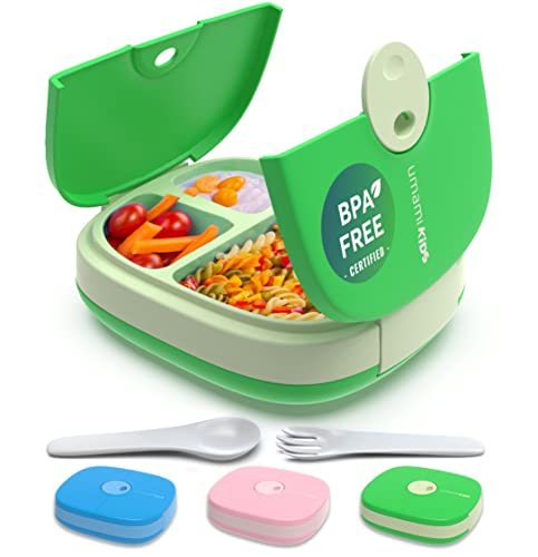 Umami Kids Lunch Box mit Besteck,auslaufsicher,langlebig,Bento-Stil,3 große Fächer,ideale Portionsgrößen für 3 bis 9 Jahre,Kita-Jungen und Mädchen,BPA-frei, mikrowellen- und spülmaschinenfest (grün) von Umami