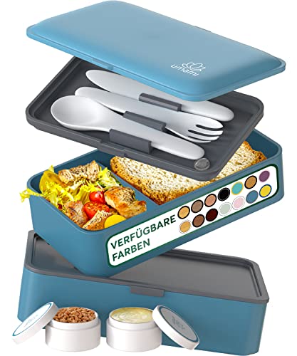 Umami Alles-in-Einem 1200ml Bento Box für Erwachsene/Kinder, 1 Soßentöpfe & 4 Bestecke, Lunch Box für Männer/Frauen, 2 Meal Prep Containers, Mikrowelle, Spülmaschine, Gefrierschrank sicher, BPA frei von Umami