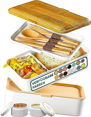 Umami Brotdose mit Fächern und 4 Bestecke, Alles-in-Einem Lunchbox Erwachsene für Männer/Frauen, 2 Soßentöpfe, Auslaufsicher Bento Box Brotbox von Umami