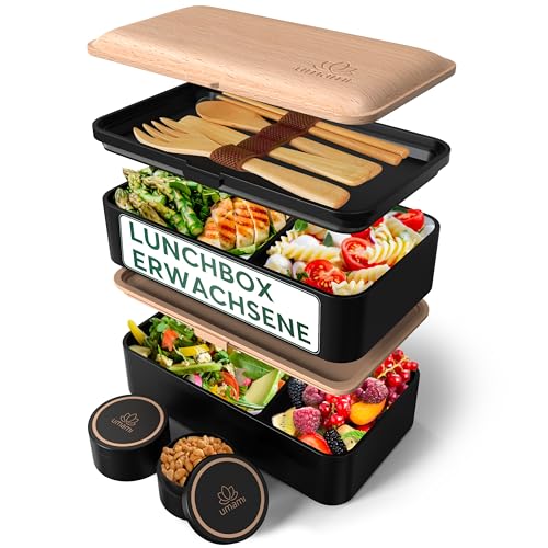 Umami All-in-1 1,2L Bento Lunchbox Erwachsene mit Besteck, 2 Saucenbehältern als Brotdosen Salat, Snack Bento Box, Auslaufsicher Brotdose Erwachsene, Inkl. Zubehör Brotdose mit Fächern für Meal Prep von Umami