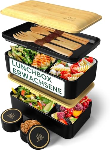 Umami Alles-in-Einem 1200ml Bento Box Lunchbox für Erwachsene, 2 Soßentöpfe & 4 Bestecke, Lunch Box für Männer/Frauen, 2 Meal Prep Containers, Mikrowelle, Spülmaschine, BPA frei von Umami