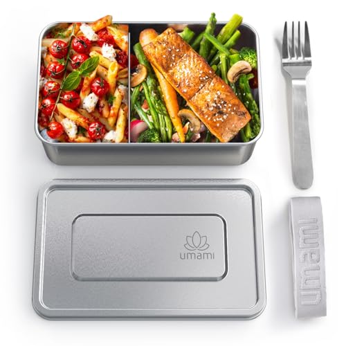 Umami Edelstahl Lunchbox mit Gabel & verstellbarer Trennwand mikrowellen und spülmaschinengeeignet, Auslaufsicher stapelbare Lebensmittelbehälter für Erwachsene Große Edelstahl Bentobox, Bentobox von Umami