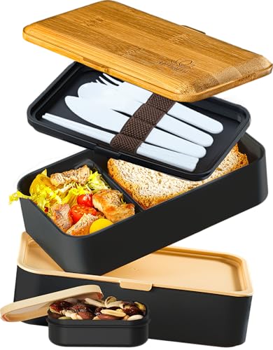 Umami Brotdose mit Fächern und 4 Bestecke, Alles-in-Einem Lunchbox Erwachsene für Männer/Frauen, Soßentöpfe, Auslaufsicher Bento Box Brotbox von Umami