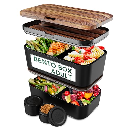 Umami Premium Lunchbox Erwachsene, Verschachtelbar Auslaufsichere Bento Box mit 4 Bestecke & Fächern, Brotdose Erwachsene Salatbehälter To-Go Lunch Box für Picknick, Büro, Schwarzes Wenge, 1500 ml von Umami