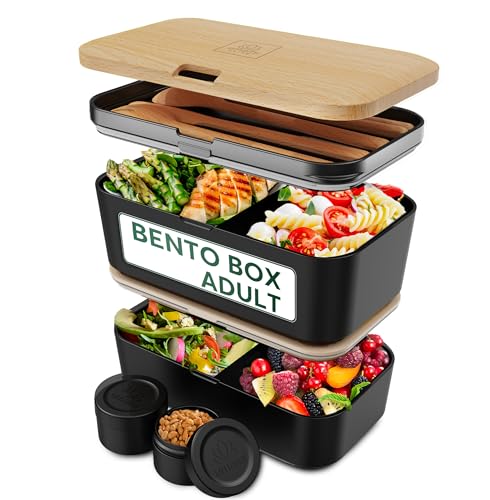 Umami Premium Lunchbox Erwachsene, Verschachtelbar Auslaufsichere Bento Box mit 4 Bestecke & Fächern, Brotdose Erwachsene Salatbehälter To-Go Lunch Box für Picknick, Büro, Schwarze Buche, 1500 ml von Umami