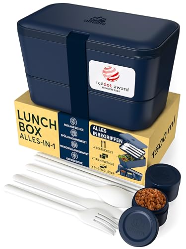Umami Lunchbox Erwachsene, Verschachtelbar Auslaufsichere Bento Box mit 4 Bestecke & Fächern, Brotdose Erwachsene, Salatbehälter To-Go, Lunch Box für Picknick/Büro, Mitternachtsblau, 1500 ml von Umami