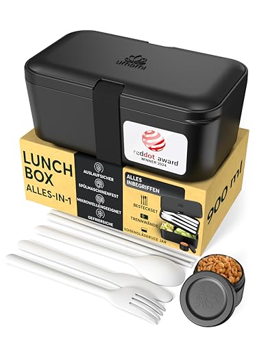 Umami Lunchbox Erwachsene, Verschachtelbar Auslaufsichere Bento Box mit 4 Bestecke & Fächern, Brotdose Erwachsene, Salatbehälter To-Go, Lunch Box für Picknick/Büro, Onyx Schwarz, 900 ml von Umami