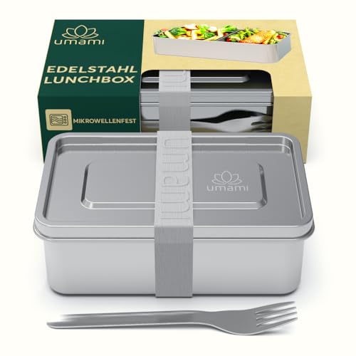 Umami Boîte-repas Bento Box pour adultes en acier inoxydable 950 ml Edelstahl Lunchbox mit Gabel & verstellbarer Trennwand mikrowellen und spülmaschinengeeignet Auslaufsicher stapelbare für Erwachsene von Umami