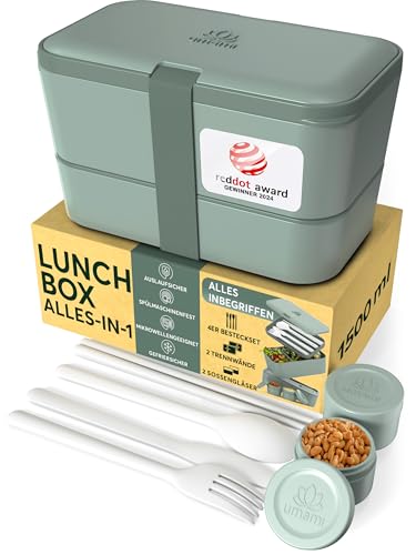 Umami Lunchbox Erwachsene, Verschachtelbar Auslaufsichere Bento Box mit 4 Bestecke & Fächern, Brotdose Erwachsene, Salatbehälter To-Go, Lunch Box für Picknick/Büro, Schiefergrün, 1500 ml Umami Lunchbox Erwachsene, Verschachtelbar Auslaufsichere Bento Box mit 4 Bestecke & Fächern, Brotdose Erwachsene, Salatbehälter To-Go, Lunch Box für Picknick/Büro, Schiefergrün, 1500 ml von Umami