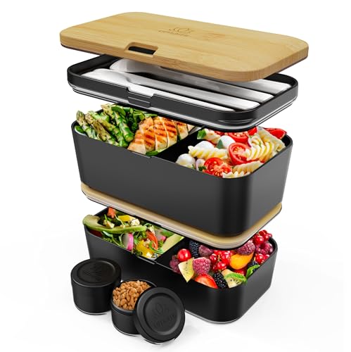 Umami Lunchbox Erwachsene Alles-in-Einem, Brotdose mit Fächern und 4 Bestecke für Männer/Frauen, 2 Soßentöpfe, Auslaufsicher Bento Box, Spülmaschine, Mikrowelle Brotbox von Umami