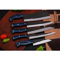Handgemachtes Damaskus Koch Set Von 5 Stück Mit Leder, Damaskus Messer Set, Damaskus Chef Messer, Vollküche Set, Neu Design von UmarsArtWork