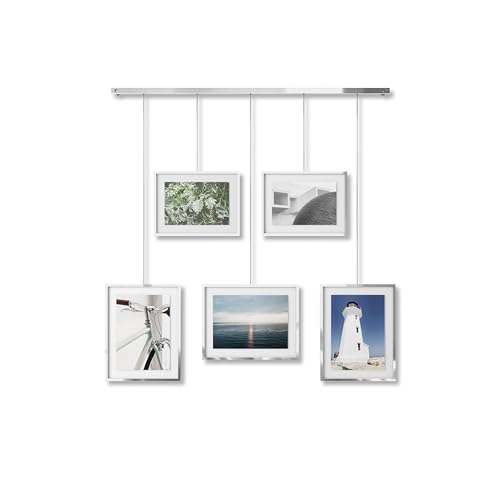 Umbra Exhibit Foto Collage Bilderrahmen – Flexibles Bilderrahmen-Set zur Horizontalen und Diagonalen Anbringung, für 5 Photos, Kunstdrucke, Bilder, 10 x 15 und 13 x 18 cm, Chrom, 5 Rahmen von Umbra