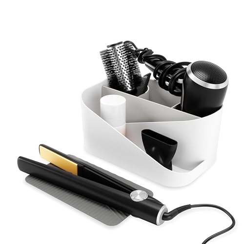 Umbra Glam Organizer für Haarstyling-Produkte, Aufbewahrung für Fön, Glätteeisen und Lockenstab mit herausnehmbarer Silikonmatte, Weiss/Grau, Einheitsgröße von Umbra