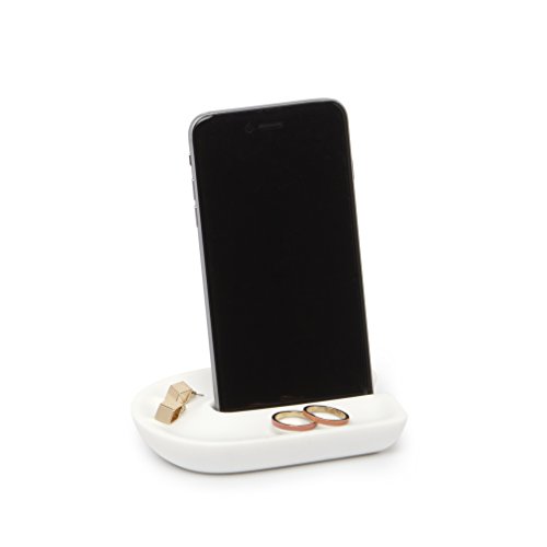 Umbra Junip Badezimmer iPhone Halter mit Ablage – Moderne Handyablage und Schmuckablage aus Polyresin für den Waschtisch, Geeignet für iPhone und Smartphone, Paßt in Junip Waschtisch-Ablage, Weiß von Umbra