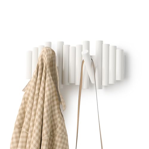 Umbra Picket Wall-Mounted Coat Rack Rail Hook with 5 Retractable Wood Pegs – Modern, Space-Saving Storage Organizer, White, Weiss von Umbra