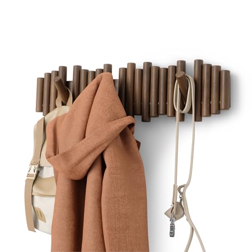 Umbra Picket Garderobenhaken - Garderobenleiste und Moderne Wand Dekoration mit 8 Klapphaken aus geschliffenem Kiefernholz, Walnuss Antik von Umbra