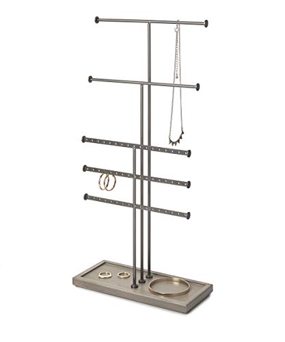 Umbra Trigem Hänge-Organizer – 5 Etagen Tisch-Halskettenhalter, Box Display mit Schmucktablett Basis, Grau/Zinn von Umbra