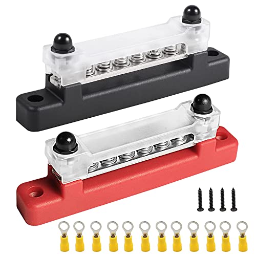 Umelee Sammelschienen Verteilerblock 2 Stk, BusBar Box 150A, 12V~48V DC mit Abdeckung, Einreihige Sammelschiene mit 6 M4-Schrauben, 2 M6-Bolzen, 12 Steckverbinder, für Auto Wohnmobil Yacht Boot von Umelee