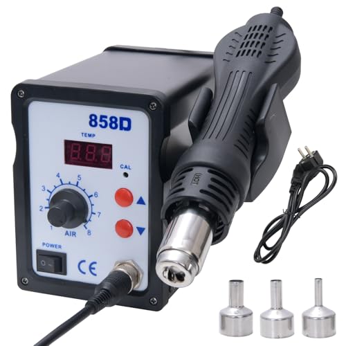 Umelee Heißluft Lötstation 858D, Entlötstation 700W mit 3 Heißluftdüsen, Digitalanzeige 100-450°C, für SMD Löten und Entlöten (EU-Stecker) von Umelee