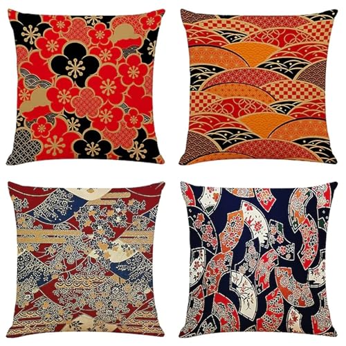 Set of 4 Cushion Covers, 40x40cm Japanese Pattern Double Sided Square Pillow Covers Sofa Cushions with Invisible Zipper Pillow Cases,Decorative Throw Pillows 16x16inch for Living Room,Bedroom,Sofa von Umfarvt