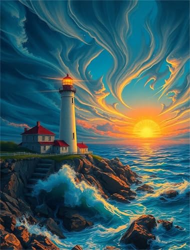 Sonnenuntergang am Küstenleuchtturm Diamond Painting Erwachsene set DIY Round Vollbohrer 20x30cm,5D Diamant Painting Bilder für Erwachsene,Strass Stickerei Leinwand painting set,Wanddeko Geschenk von Umfarvt