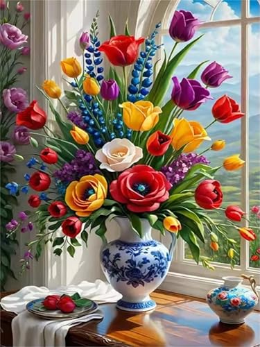 Umfarvt Blühende Blume Diamond Painting Erwachsene set DIY Round Vollbohrer 60x80cm,5D Diamant Painting Bilder für Erwachsene,Strass Stickerei Leinwand painting set,Wanddeko Geschenk von Umfarvt