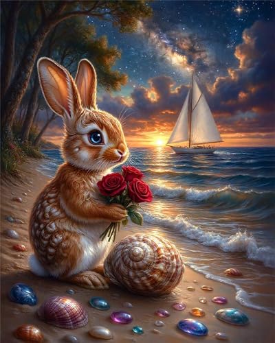 Umfarvt Diamond Painting Kaninchen Strandmuschel Set für Erwachsene DIY Round Strass 30x40cm,5D diamond painting bilder Diamant Kunst Malerei Stickerei Kreuzstich Set,Wohnzimmer Wanddeko von Umfarvt