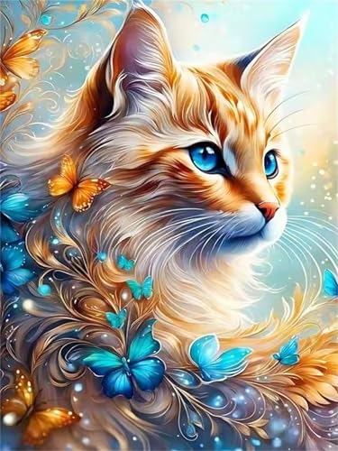 Umfarvt Schmetterling Orange Katze Diamond Painting Erwachsene set DIY Round Vollbohrer 100x130cm,5D Diamant Painting Bilder für Erwachsene,Strass Stickerei Leinwand painting set,Wanddeko Geschenk von Umfarvt