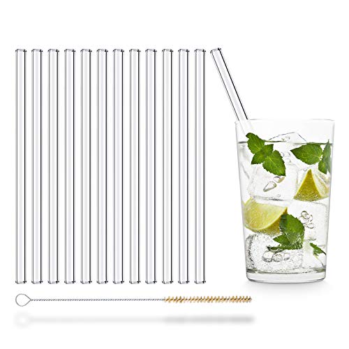 UMI Glasstrohhalme Wiederverwendbar 12 Stück gerade 20 cm inkl. Reinigungsbürste Glas Strohhalme Made in Germany Spülmaschinenfest Trinkhalm Glastrinkhalme Glasstrohalme für Gin Tonic Gläser von Amazon Brand - Umi