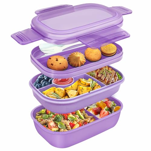 Umiblu Lunchbox, Lunchbox mit drei Fächern und Besteck für Erwachsene und Kinder, auslaufsichere Bento-Box, BPA-frei, sicher für Mikrowelle und Spülmaschine (Violett) von Umiblu