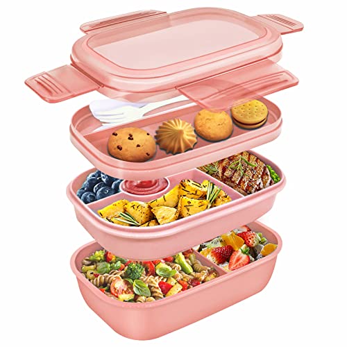 Umiblu Lunchbox, Lunchbox mit drei Fächern und Besteck für Erwachsene und Kinder, auslaufsichere Bento-Box, BPA-frei, sicher für Mikrowelle und Spülmaschine (Rosa) von Umiblu