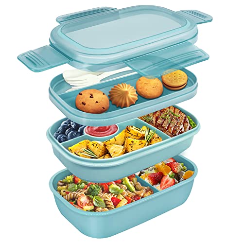 Umiblu lunchbox, Brotdose mit Fächern für Kinder und Erwachsene,Dreischichtige Lunchbox mit 1900ML, Mikrowellengeeignete auslaufsichere Bento box (blau) von Umiblu