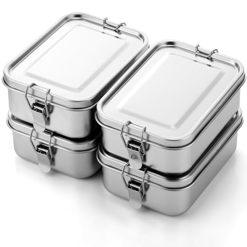 Umigy 4 Stück Edelstahl-Lebensmittelbehälter, Metall-Bento-Lunchbox, Edelstahl-Frischhaltedosen, verschließbare Clips zum Auslaufen, wiederverwendbare Geschirrspüler-Snackboxen für Arbeit, Picknick von Umigy