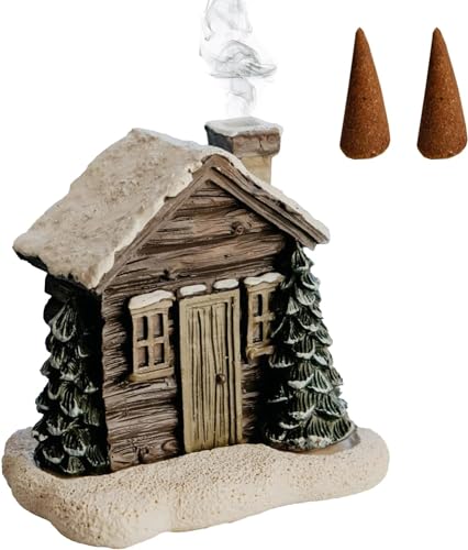 Räuchergefäß für Blockhütten, Weihnachtsschornstein Hütten-Räucherkegelbrenner Mit 2 Räucherkegeln Incense Burner Home Deko, Weihnachtlicher verschneiter Winter-Blockhaus-Räucherkegelbrenner von Umikk