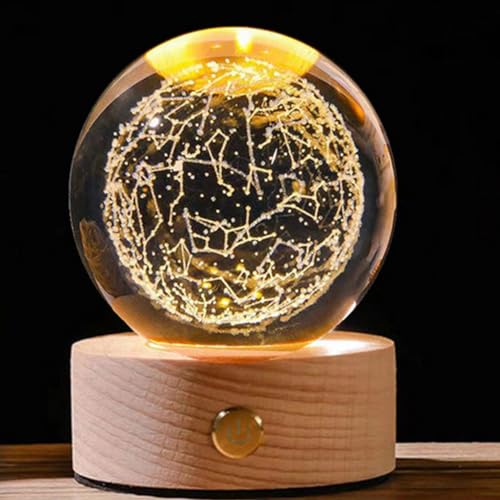 Umikk 3D Kristallkugel Nachtlicht 80mm,USB 3D Sonnensystem Planeten Kristallkugel Nachtlicht Kreative Nachtszene Astronomie LED Ball Lampe,Mit Holzsockel,Geschenk von Umikk