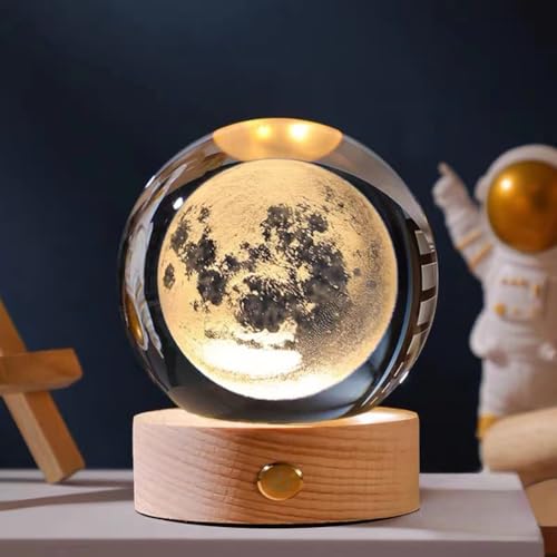 Umikk 3D Kristallkugel Nachtlicht 80mm,USB 3D Sonnensystem Planeten Kristallkugel Nachtlicht Kreative Nachtszene Astronomie LED Ball Lampe,Mit Holzsockel,Geschenk von Umikk