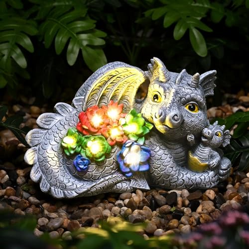 Umikk Drachen Figuren mit Solarlampen Gartendeko für Draußen, Drachenfigur für Gartendekoration mit Appell an liebevolle Mutter und Baby-Drachen, Geschenke für Männer/Frauen Garten von Umikk