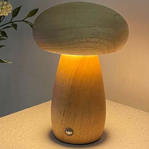 Umikk Mushroom Lamp, Tragbare Dimmbare Nachttischlampe mit USB-Aufladung, LED Touch Dimmbar Pilz Lampe aus Holz, Moderne Wooden Mushroom Bedside Lamp von Umikk