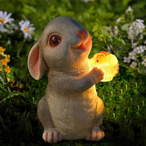 Umikk Solar-Kaninchen-Gartenstatuen, Hase mit Blumen umarmen Solarlampe Deko Bunny Figur Dekoration Zimmer Garten Lustig Geschenke, Valentinstag Jahrestag Geschenke für Frauen von Umikk